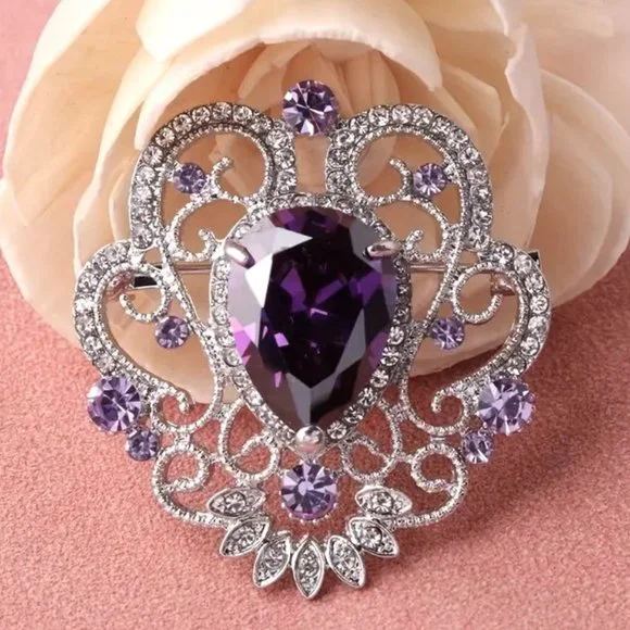 Brooch Rhinestone Elegant Filigree Purple Crystal Pin Sparkle Pear Shape Stone - Picture 1 of 5